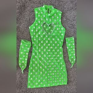 Neon Green Mesh Bodycon Dress with Heart Cut-Out, Large